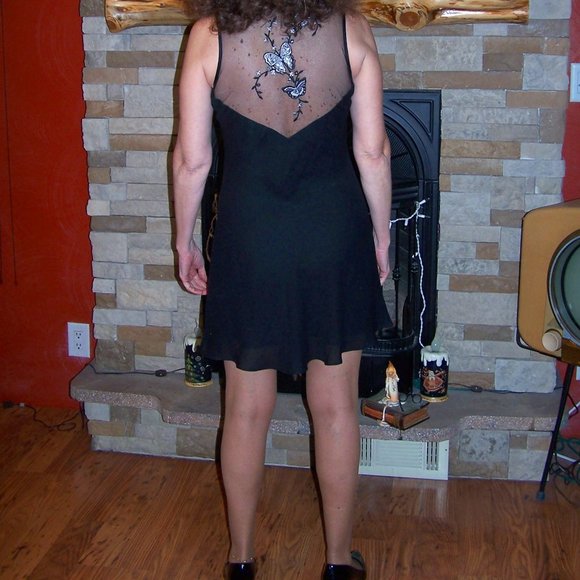 BESTY AND ADAM SEXY BLACK MINI DRESS w SHEER BLUE BUTTERFLY BACK - Picture 11 of 13